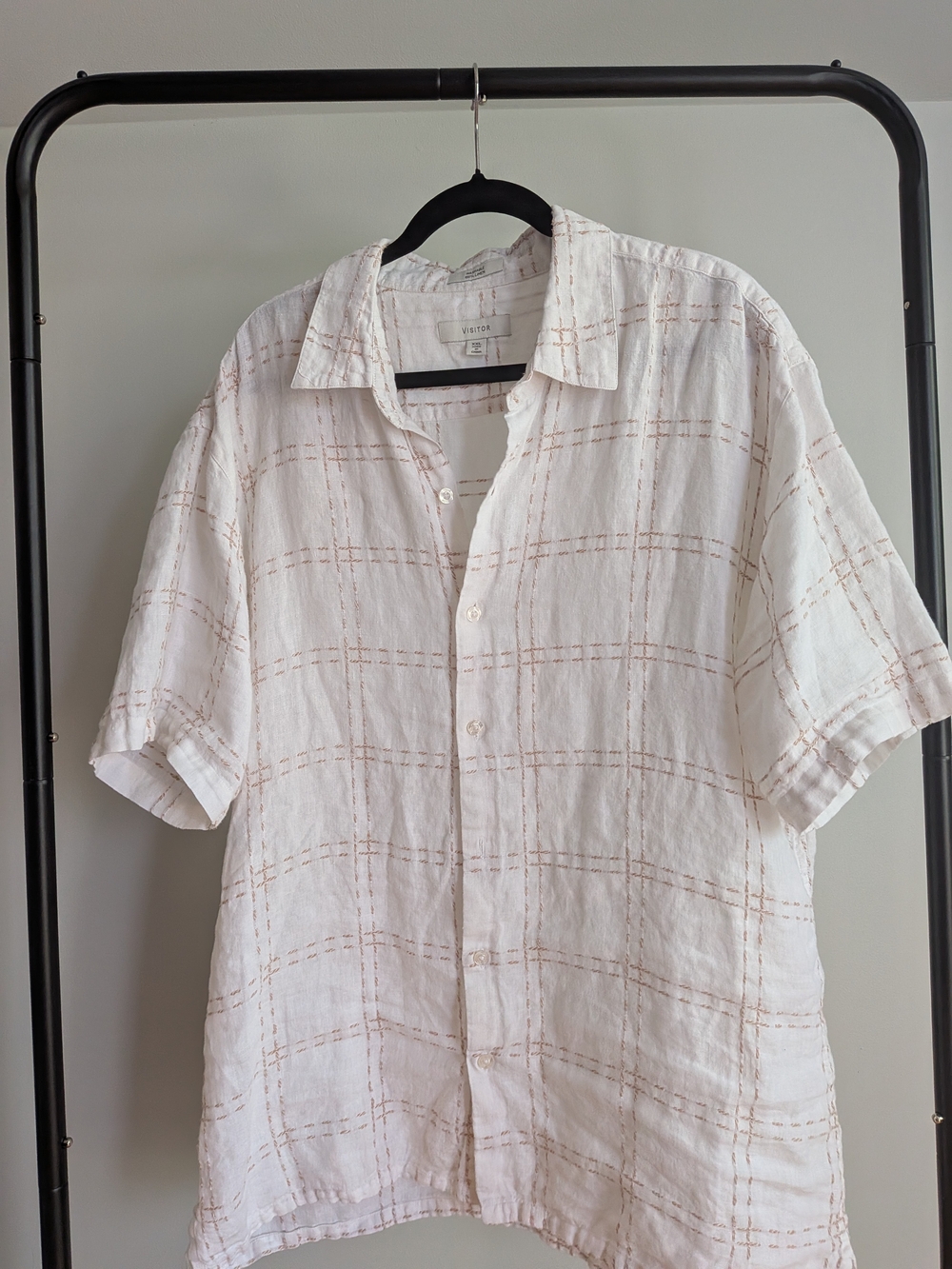 Visitor White Short-Sleeve Linen Blend Shirt with Tan Windowpane